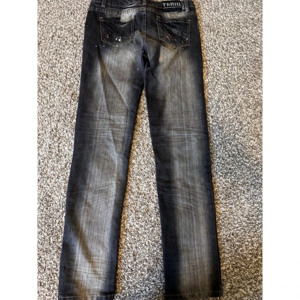 THRILL Girls Size 16 Black Jeans Distressed Paint Splatter Y2K Straight Leg